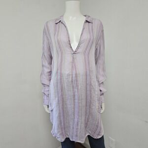 CP Shades Tunic Top Purple Stripe Pockets Size M V-Neck Lagenlook 100% Linen